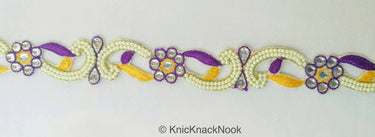 Floral Embroidered Cutwork Trim, Yellow Embroidery, Beaded Floral Trim